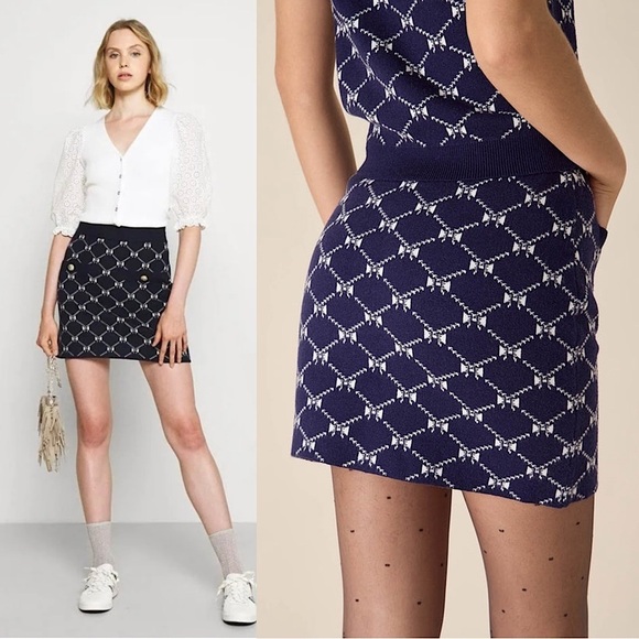 MAJE Navy Bow Design Jacquard Knit Gold Logo Button Patch Pocket Mini Skirt 6 - Picture 5 of 14
